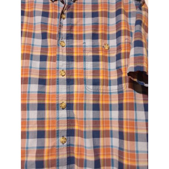 Duluth Shirt Mens Large Tall Orange Blue Plaid Short Sleeve Button Up Pocket - Picture 2 of 8